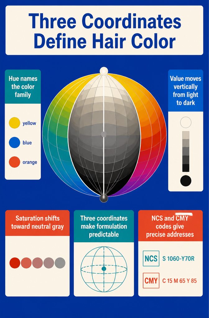 Color globe with hair shades arranged from a gray center to the outer edge