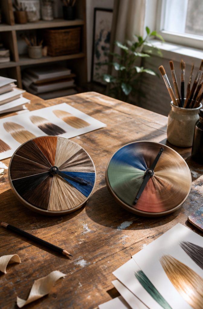 Two painted hair color wheels on a desk one still and one spinning