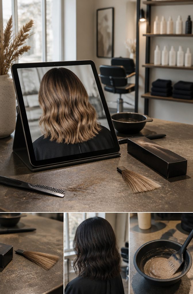 Model previewing a hair color on a digital screen