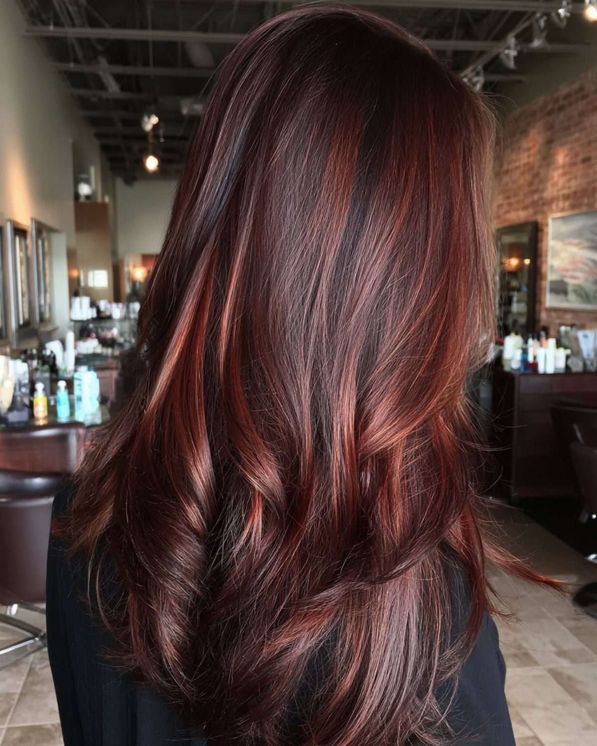 Long wavy auburn hair with reddish highlights in a salon