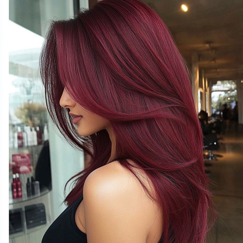 Woman showing long, glossy Bordeaux-red hair in a salon