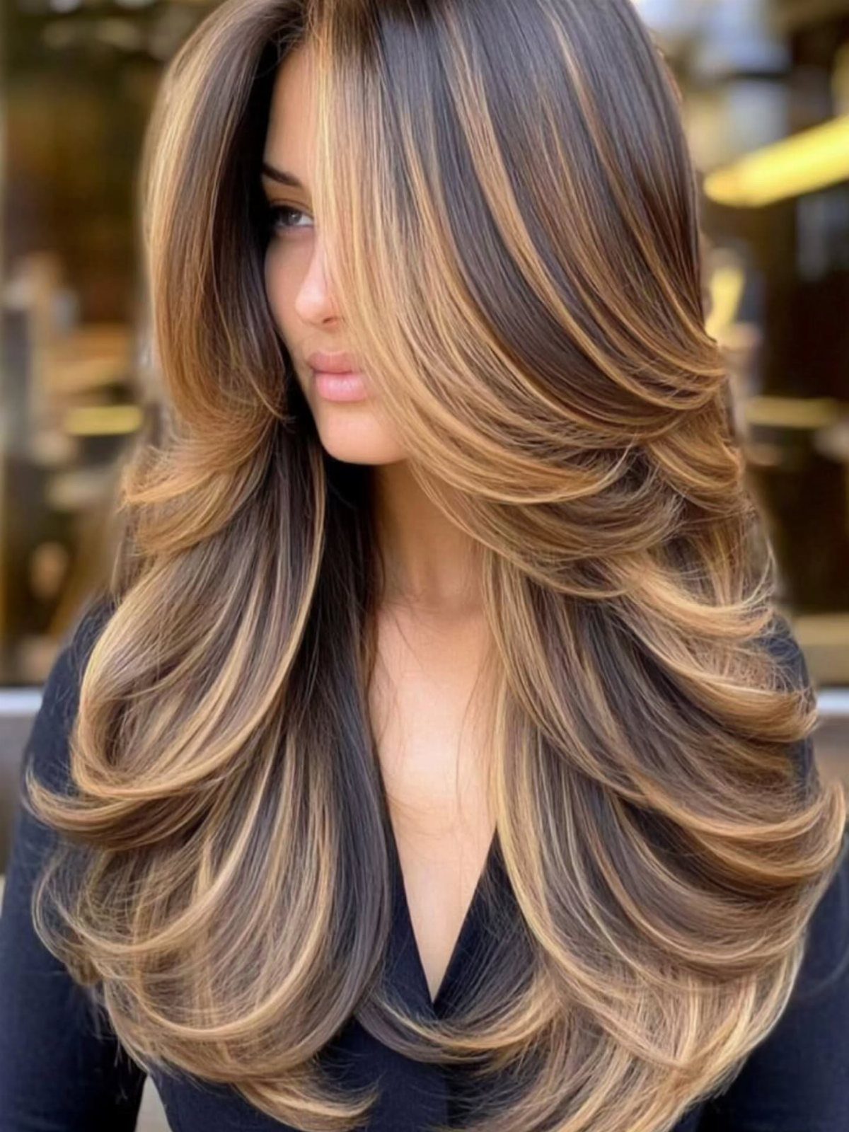 Long layered brown hair with warm caramel highlights and voluminous curls