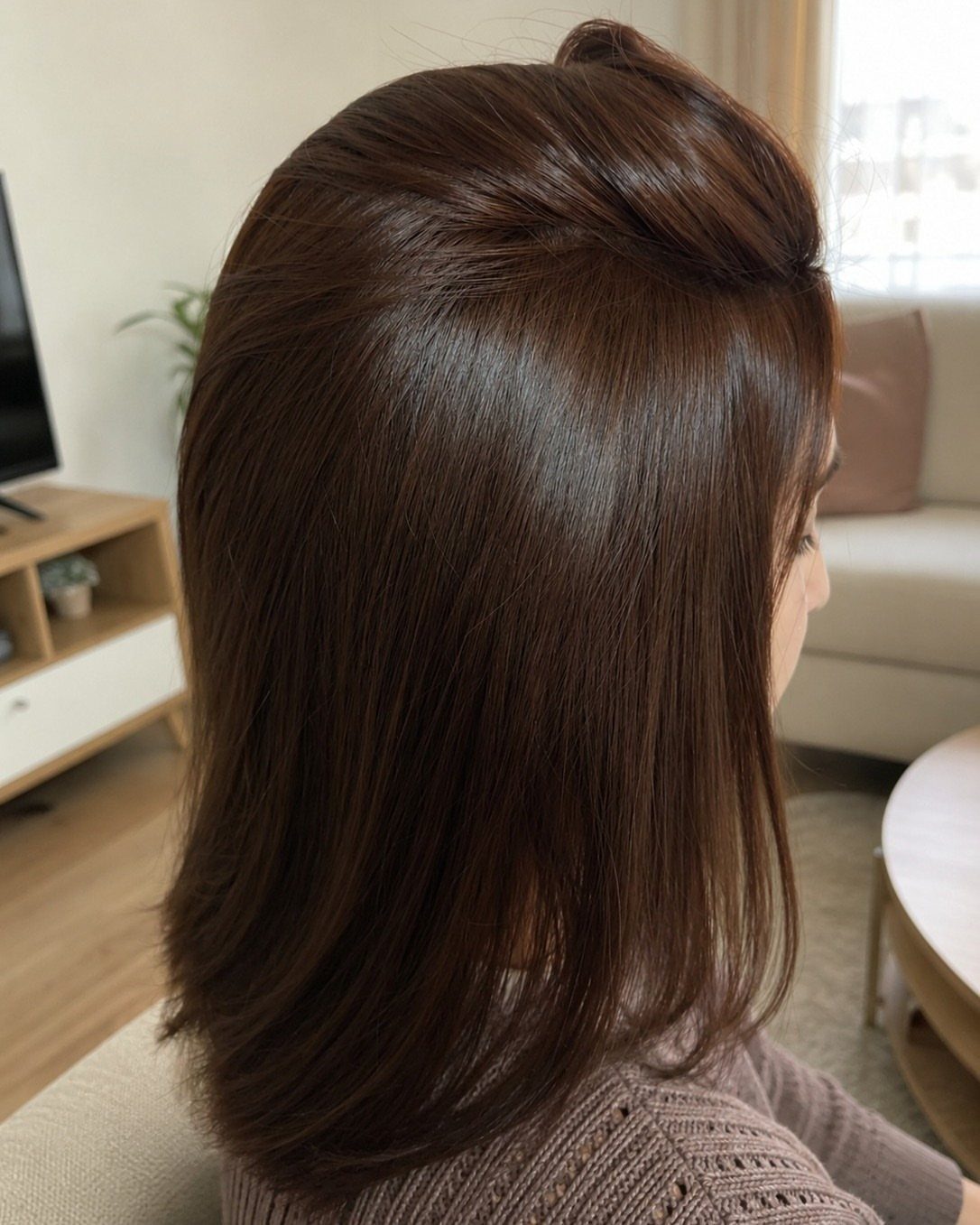 Shoulder-length chocolate brown hair with a glossy finish and subtle warm tones
