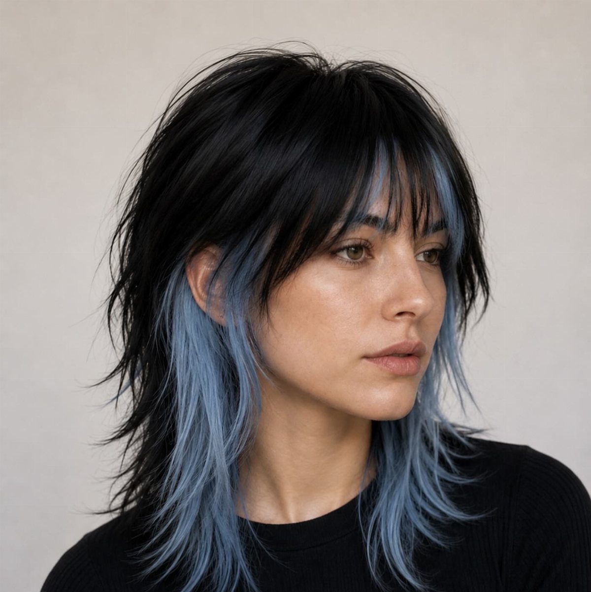 Woman showing black hair with blue-gray lower sections and ends
