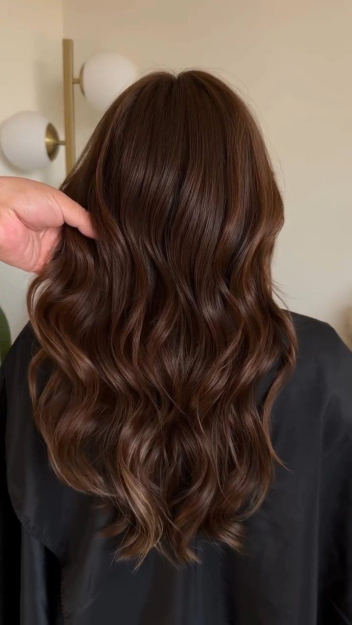 Long, glossy chestnut-brown hair styled in loose cascading waves