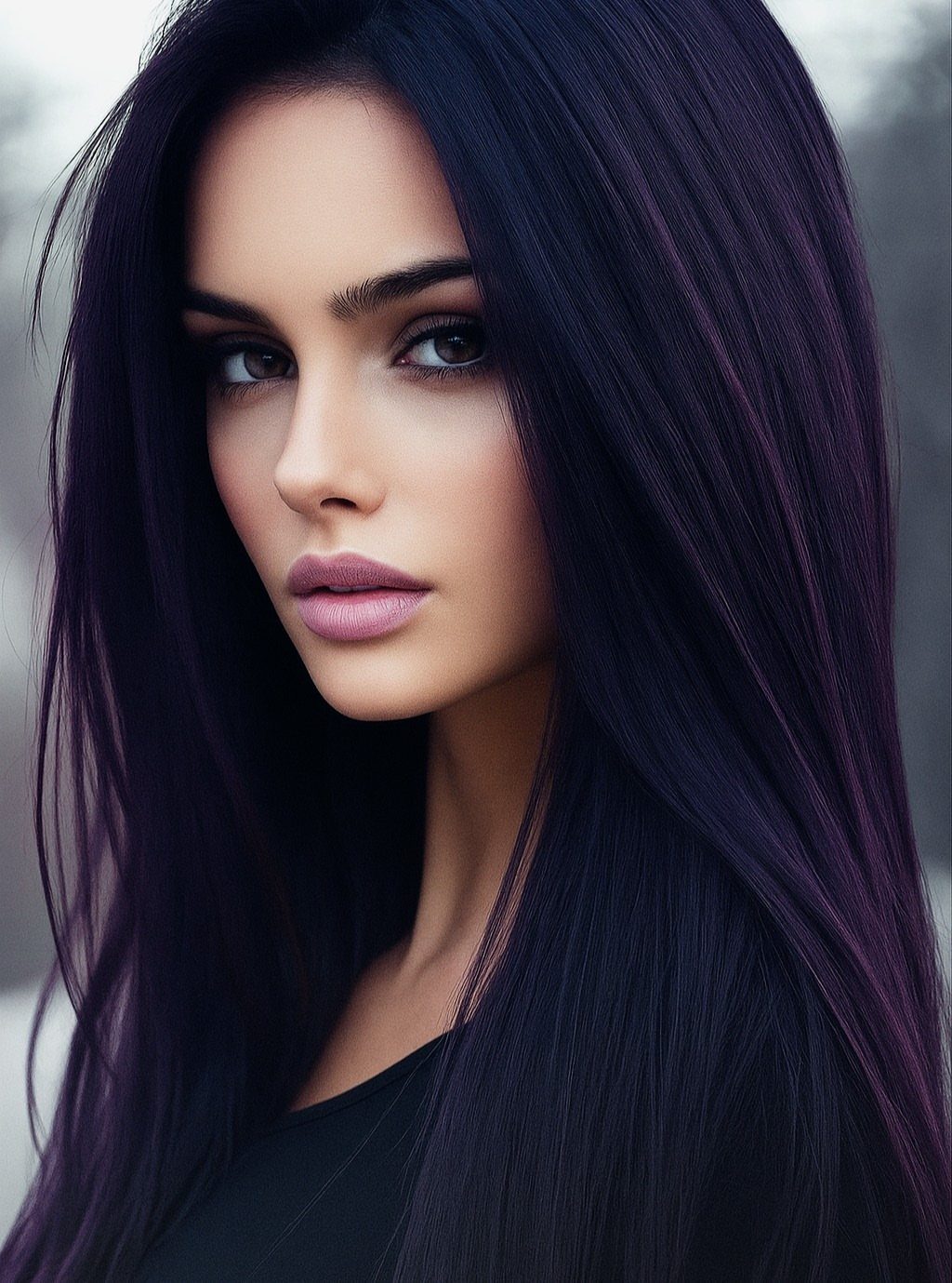 Woman with long, straight deep purple hair against a pale gray background