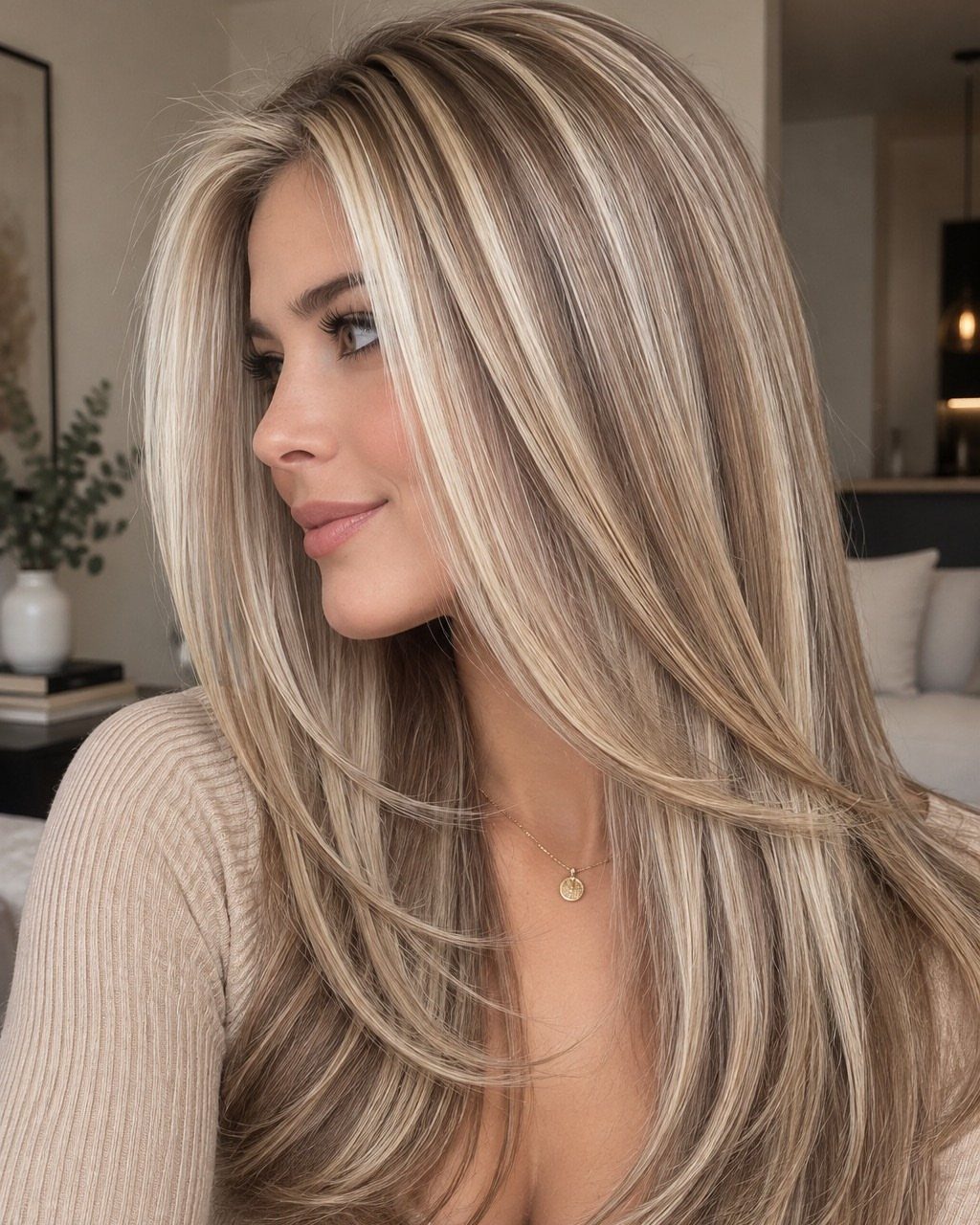 Long golden beige blonde hair with layered waves and darker lowlights