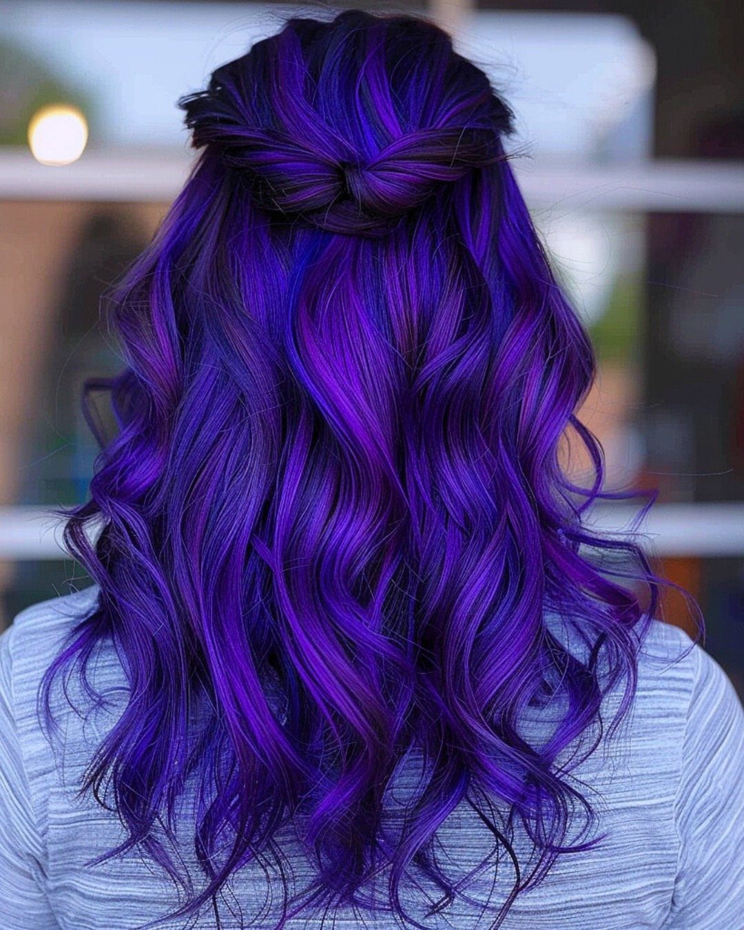 Long vivid purple wavy hair partly gathered into a twist