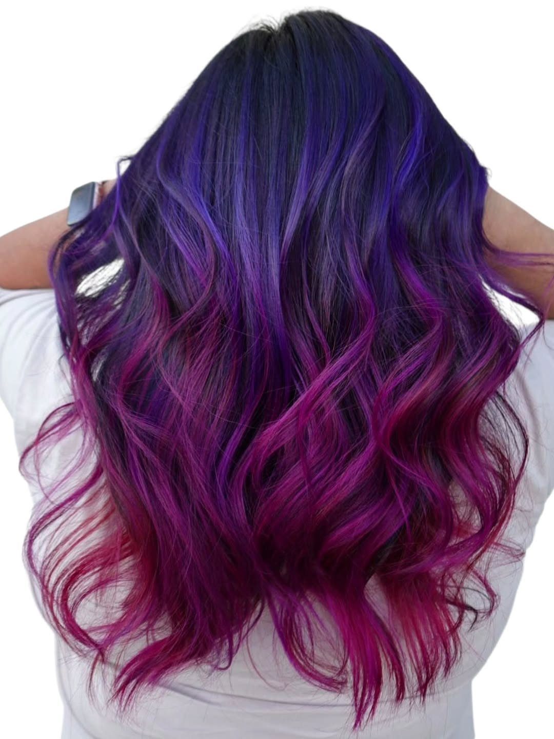 Wavy violet hair fading into magenta-purple ends against a white background