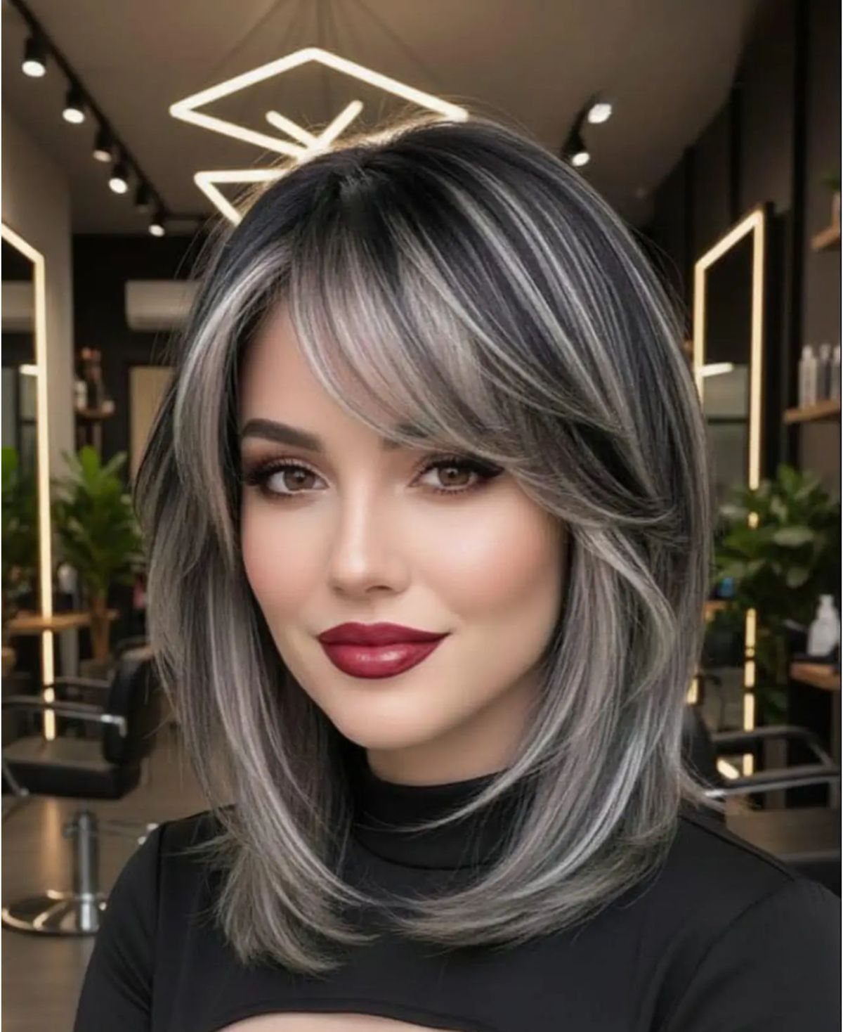 Woman with layered dark hair and blended silver-gray balayage in a salon