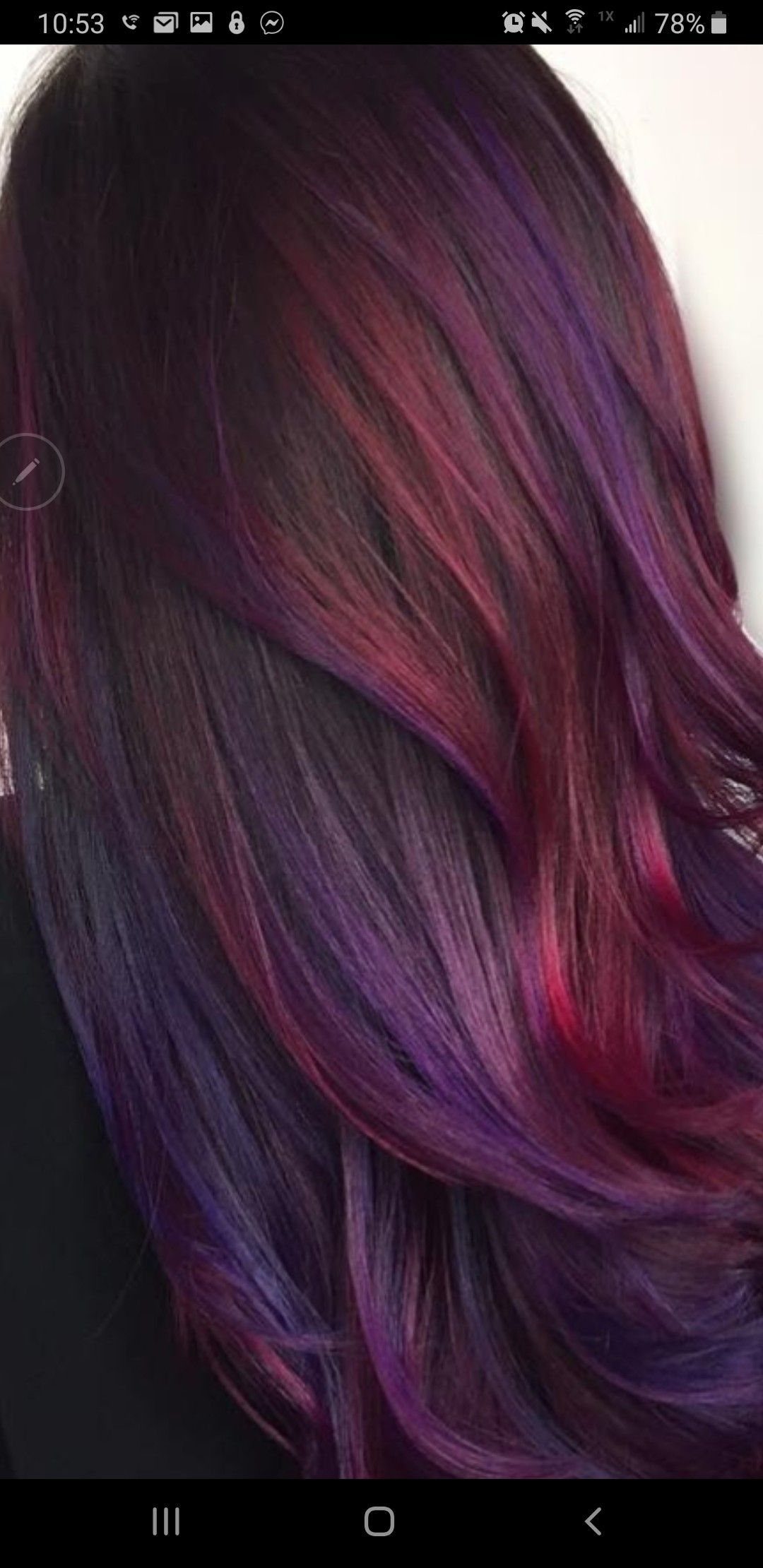 Glossy burgundy-purple hair with vivid magenta and violet highlights