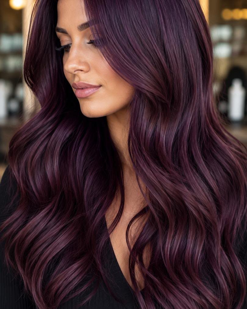 Woman with long, wavy dark plum hair and subtle violet tones
