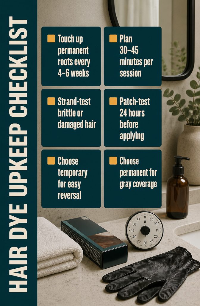 Hair dye upkeep checklist with touch-ups strand tests and processing time