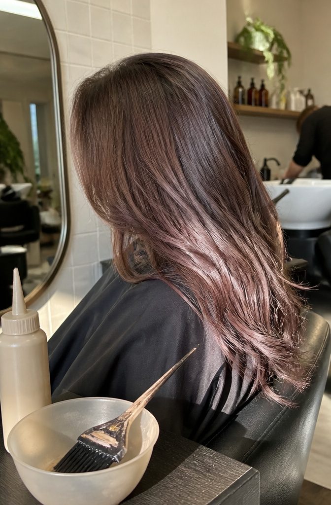 Brunette hair with pink-brown tones and scattered silver hairs