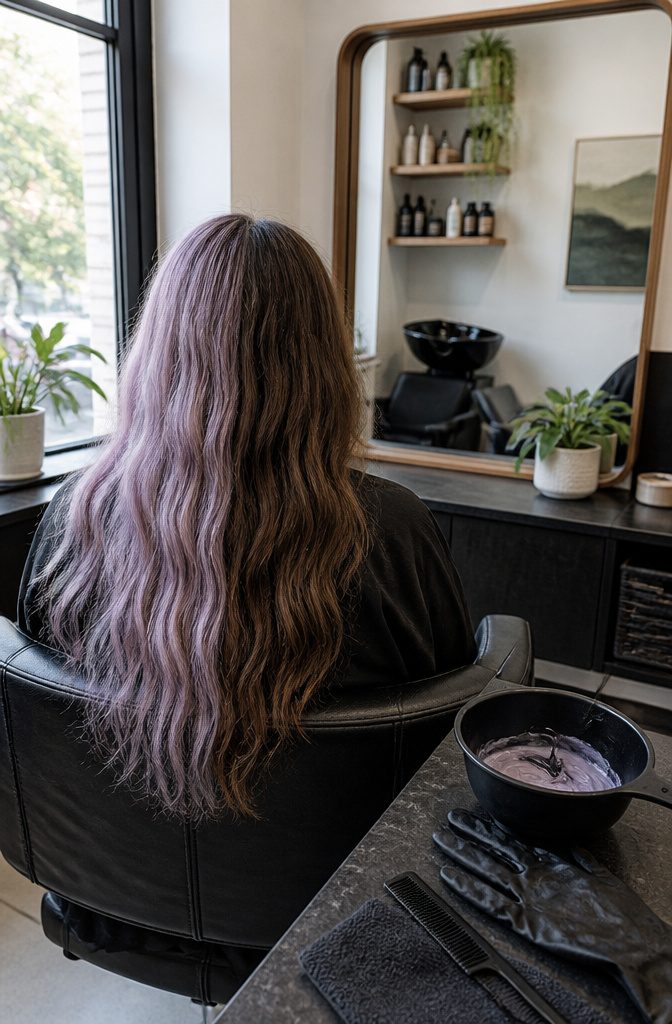 Long hair with muted pastel color on one side and natural hair on the other