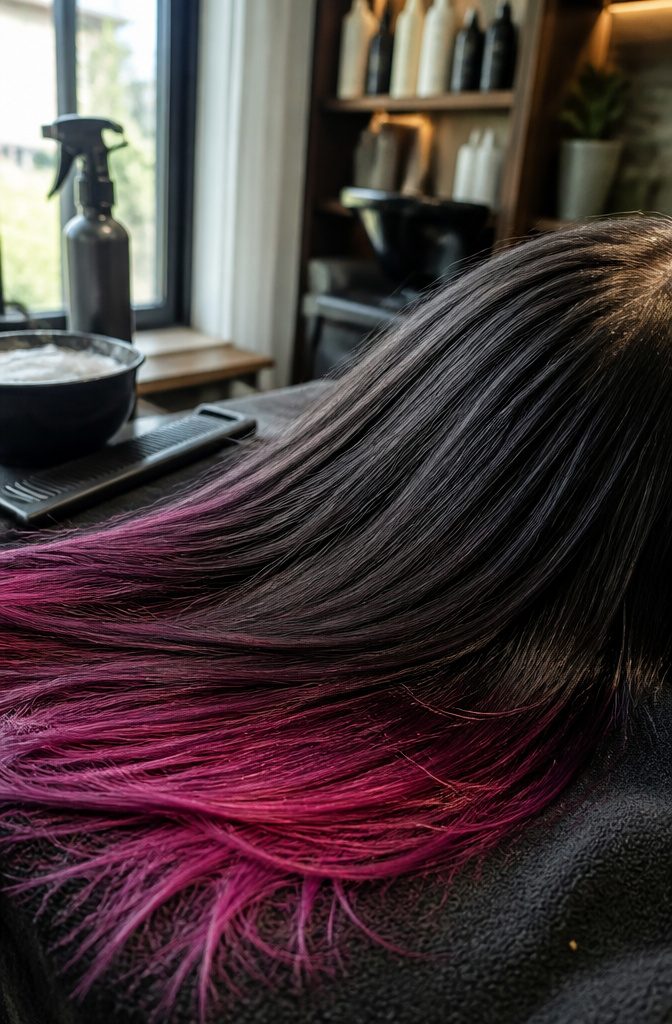 Hair with temporary color coating the surface and covering darker roots