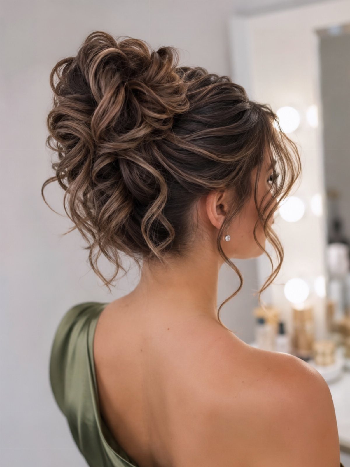 Curly updo with loose tendrils framing a woman's face