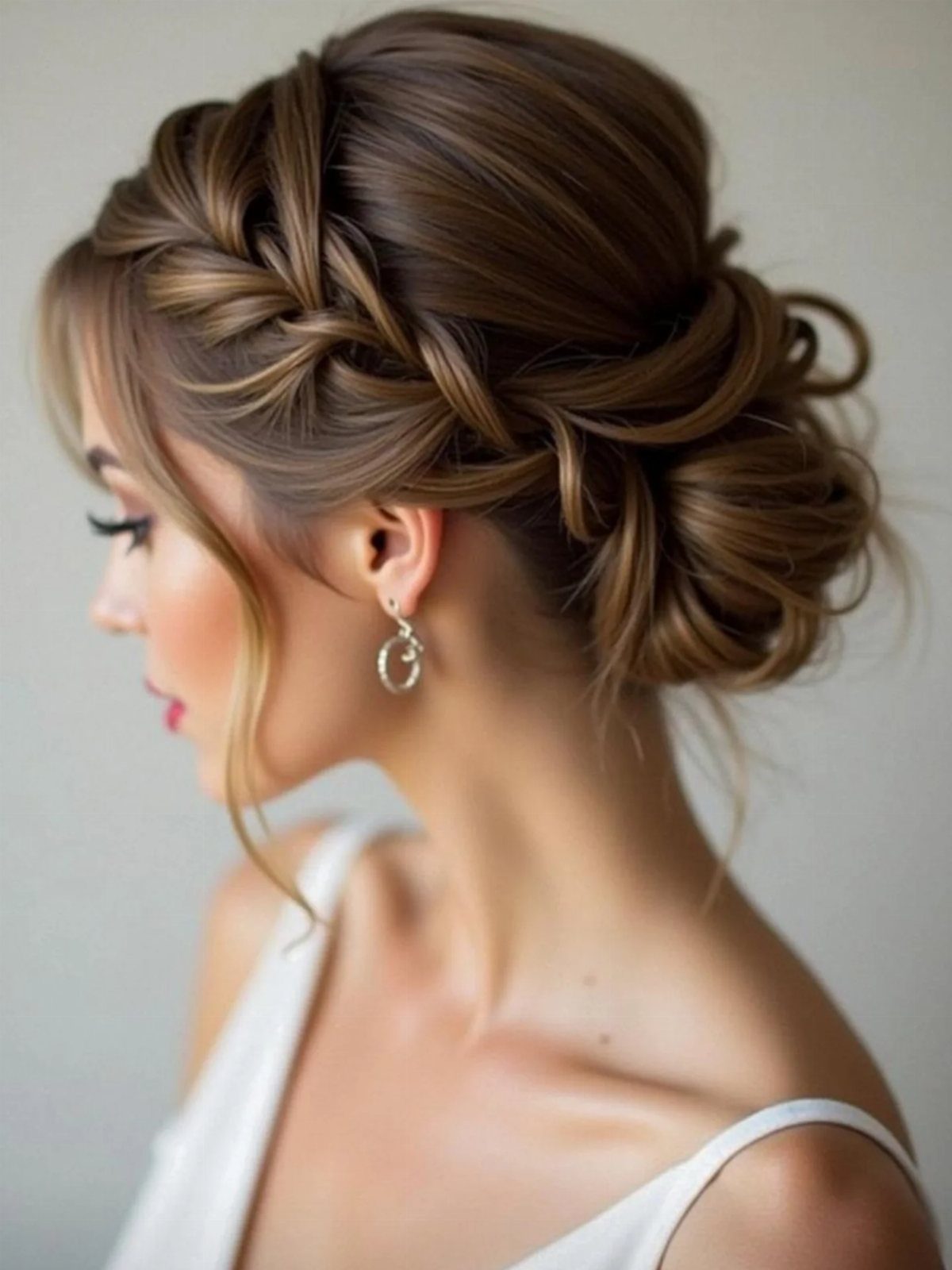 Woman with a loose, glamorous twisted updo and wispy strands