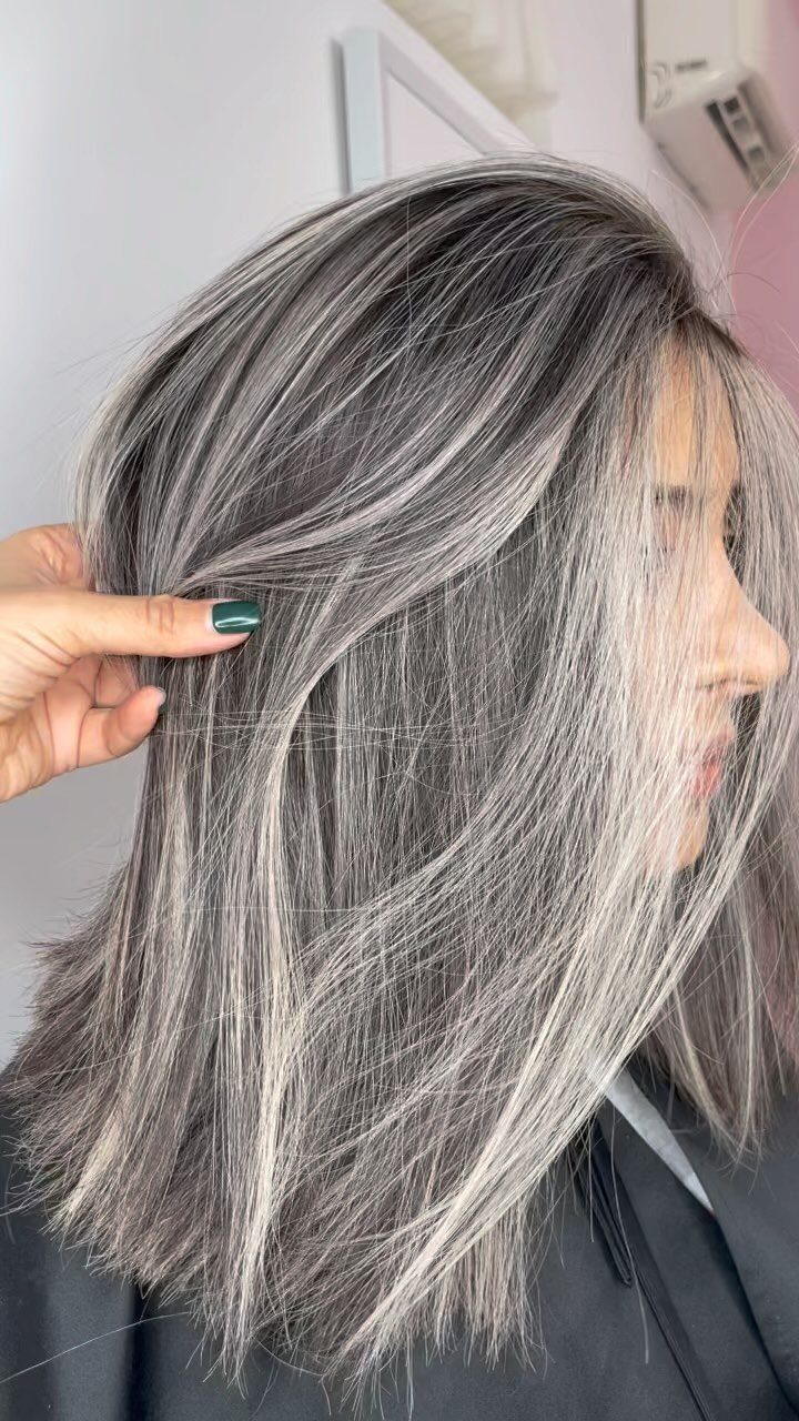 Silver face-framing strands contrast with darker gray layers in shoulder-length hair