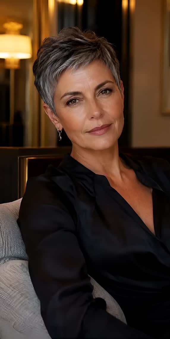 Woman models a softly layered silver-gray pixie haircut with textured lift