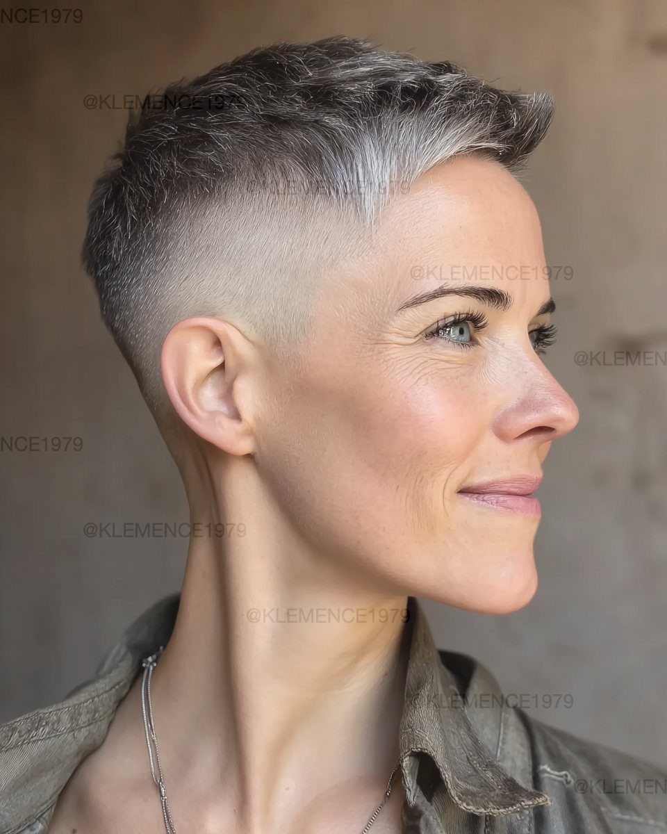 Woman with a silver-gray textured crop and closely tapered sides