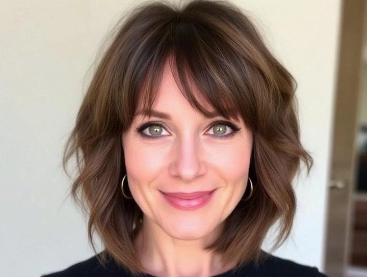 Woman with brown curtain fringe and shoulder-length face-framing layers