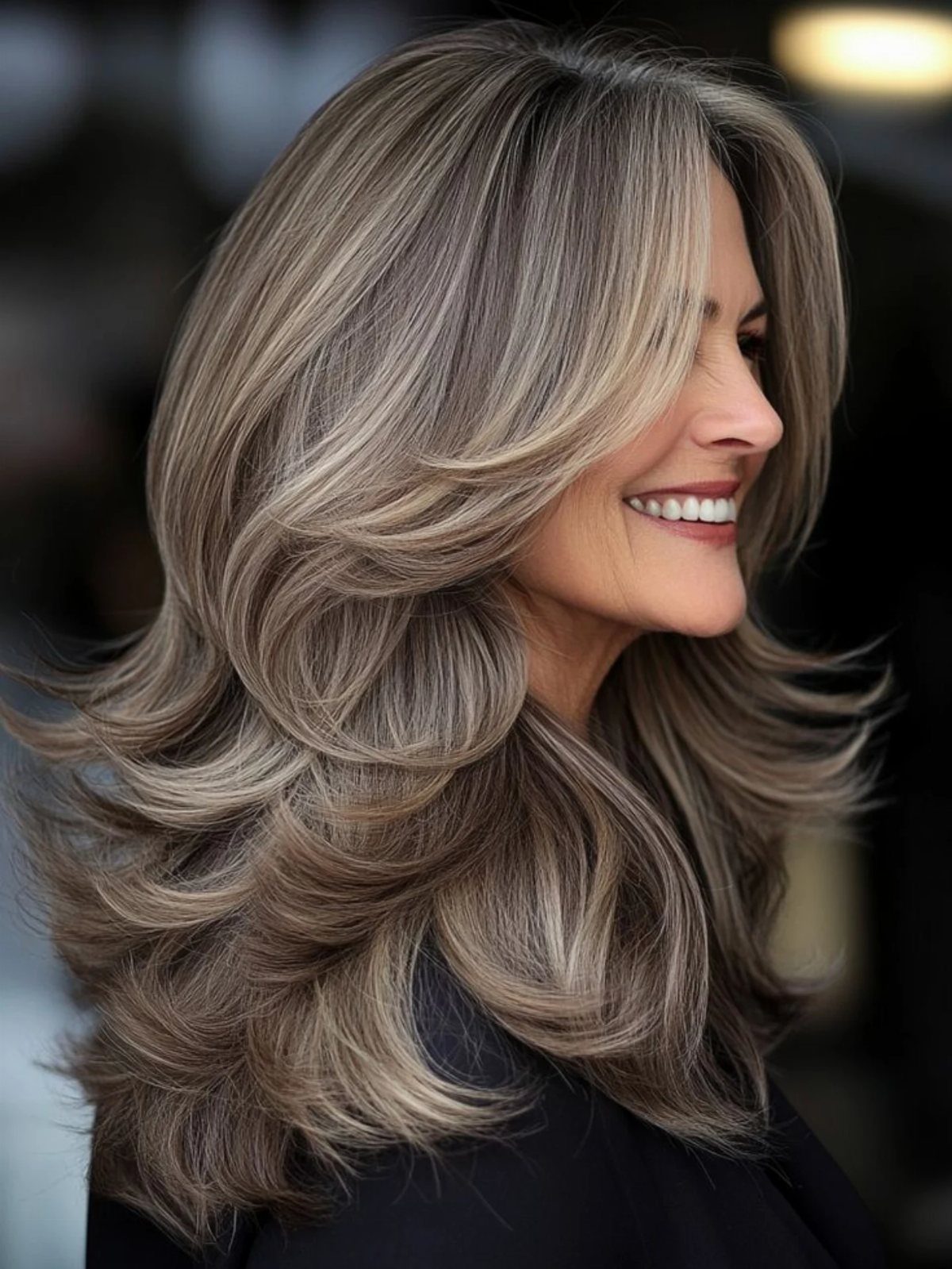 Woman with layered silver-gray hair, sweeping bangs, and softly curled ends