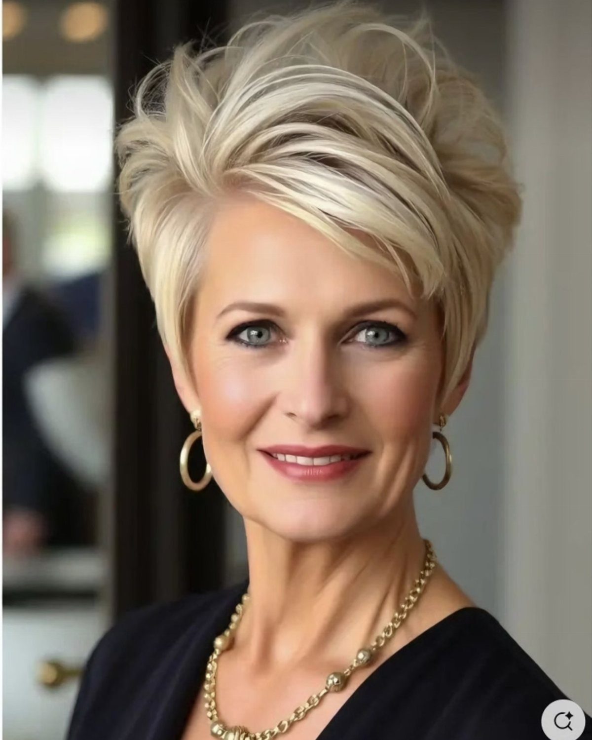 Woman with a short, voluminous platinum-blonde haircut and side-swept layers