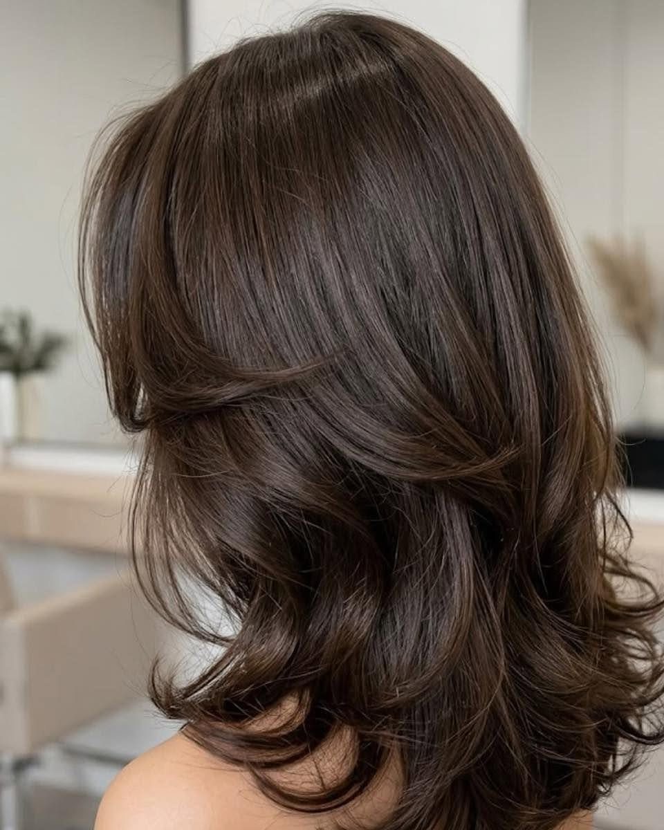 Layered dark brown shoulder-length haircut with softly curled, feathered ends