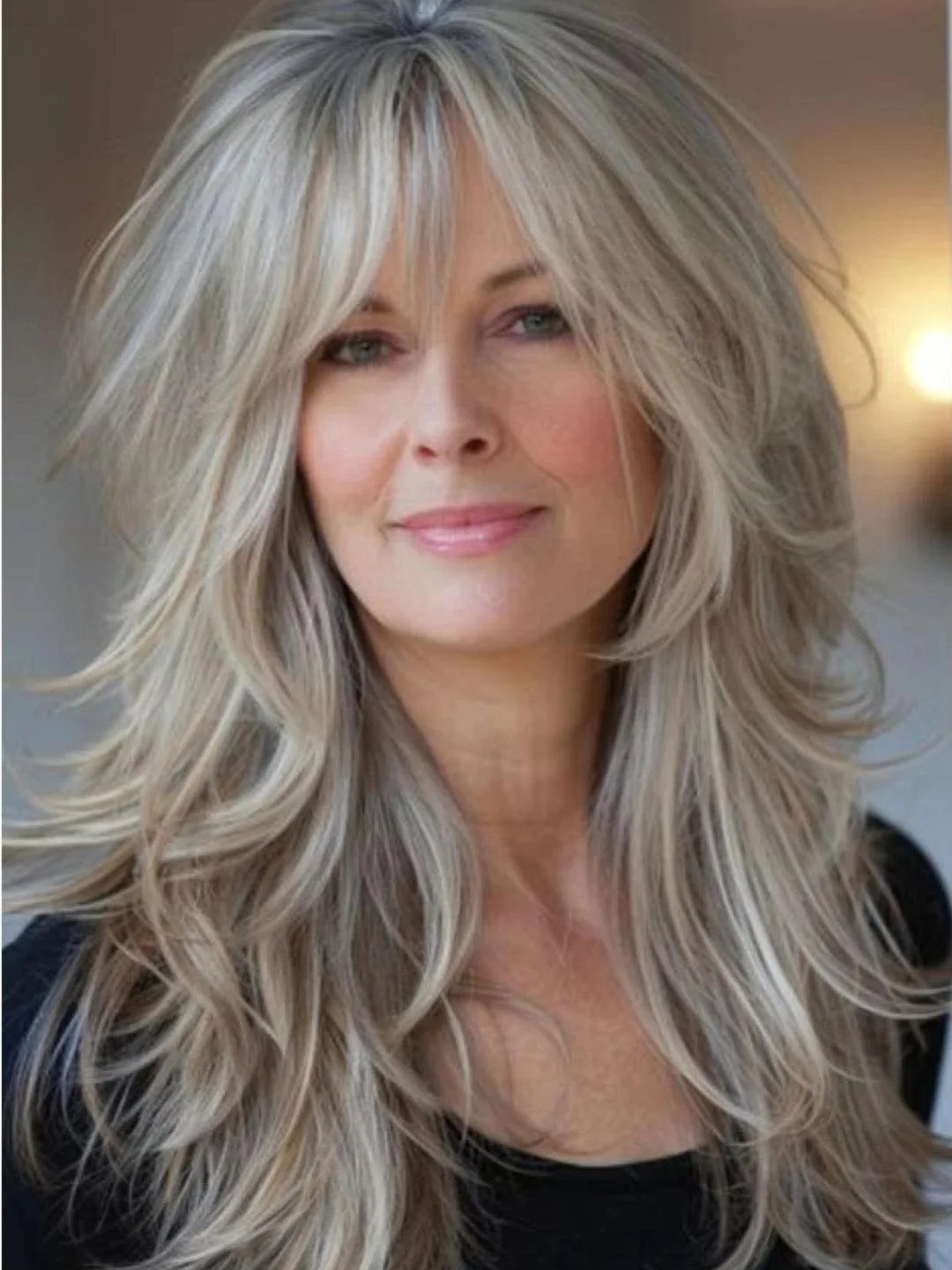 Woman with long layered silver-gray hair and soft curtain bangs