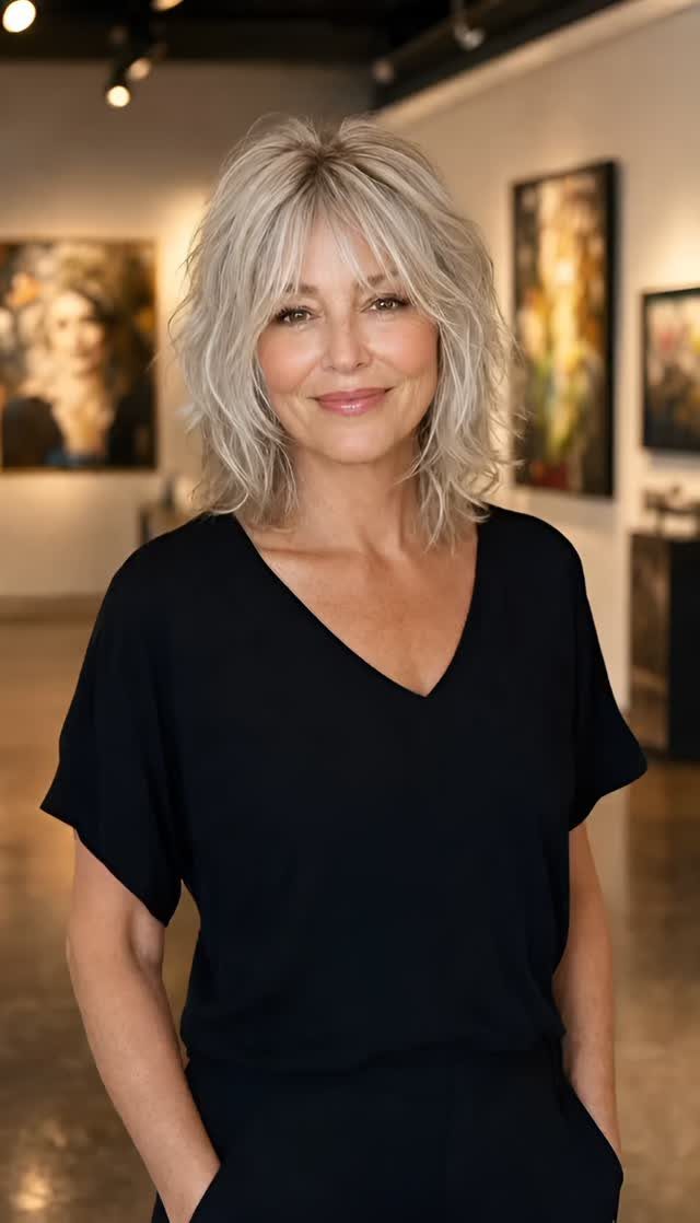 Woman with a tousled, layered silver-gray shag haircut and bangs