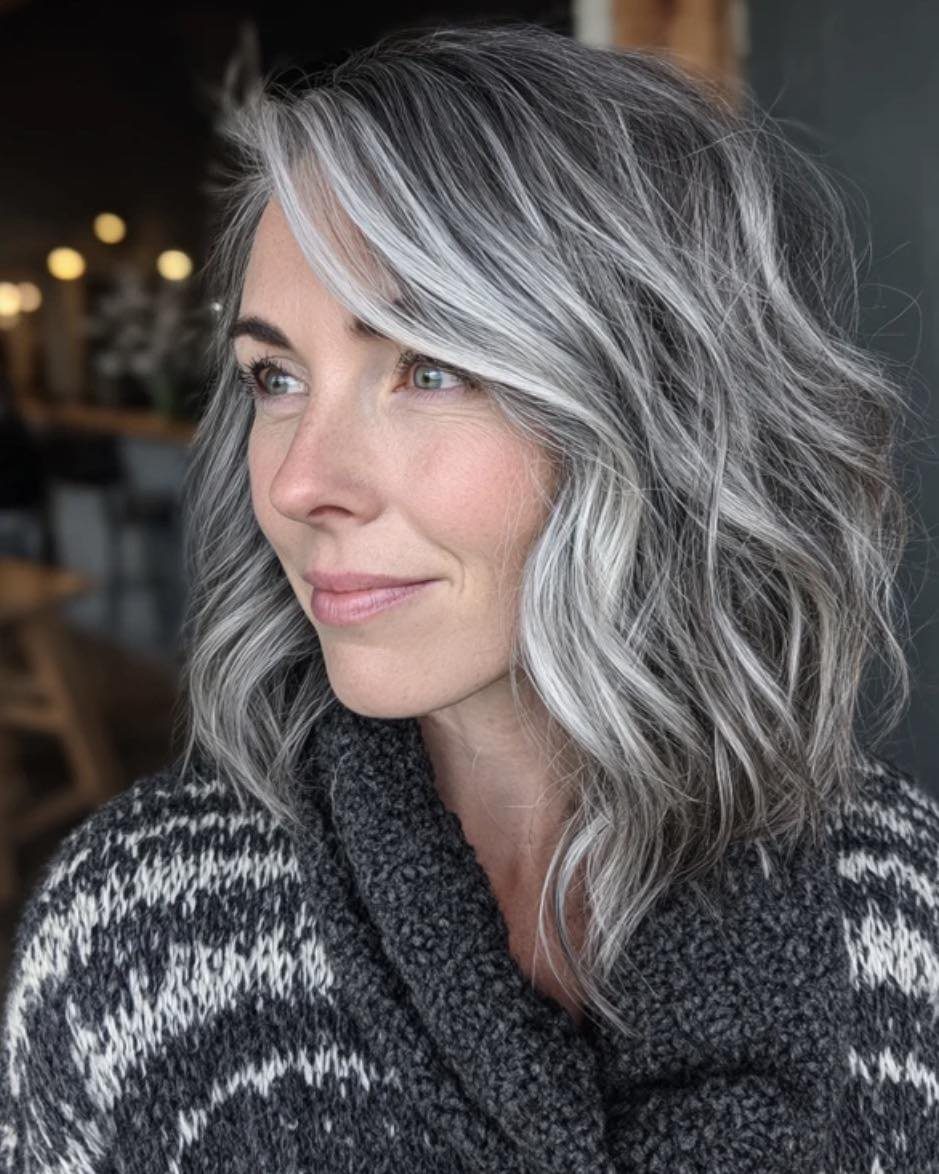 Woman with a wavy silver and dark gray bob wearing a patterned sweater