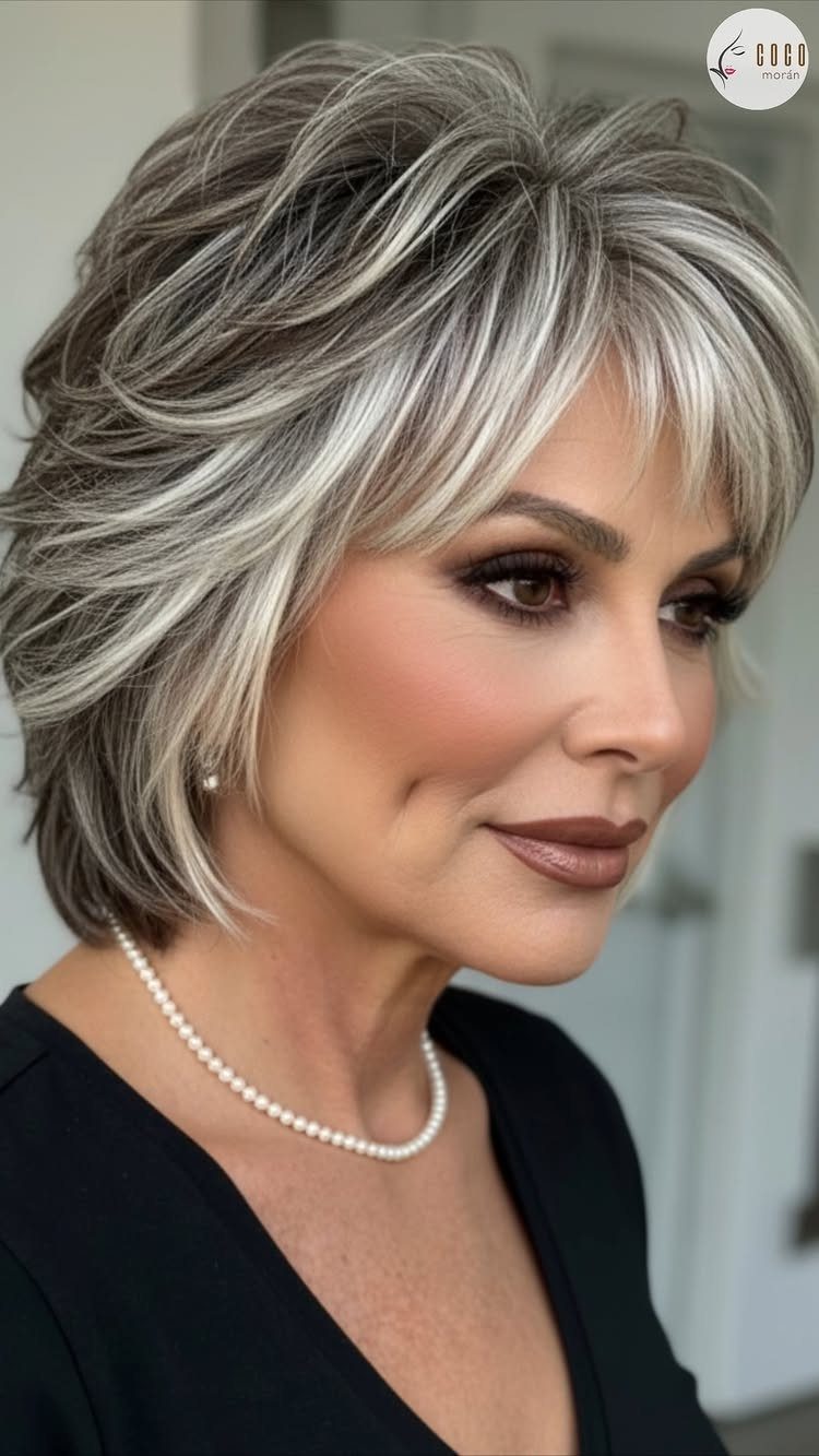 Woman with chin-length layered gray hair and swept bangs