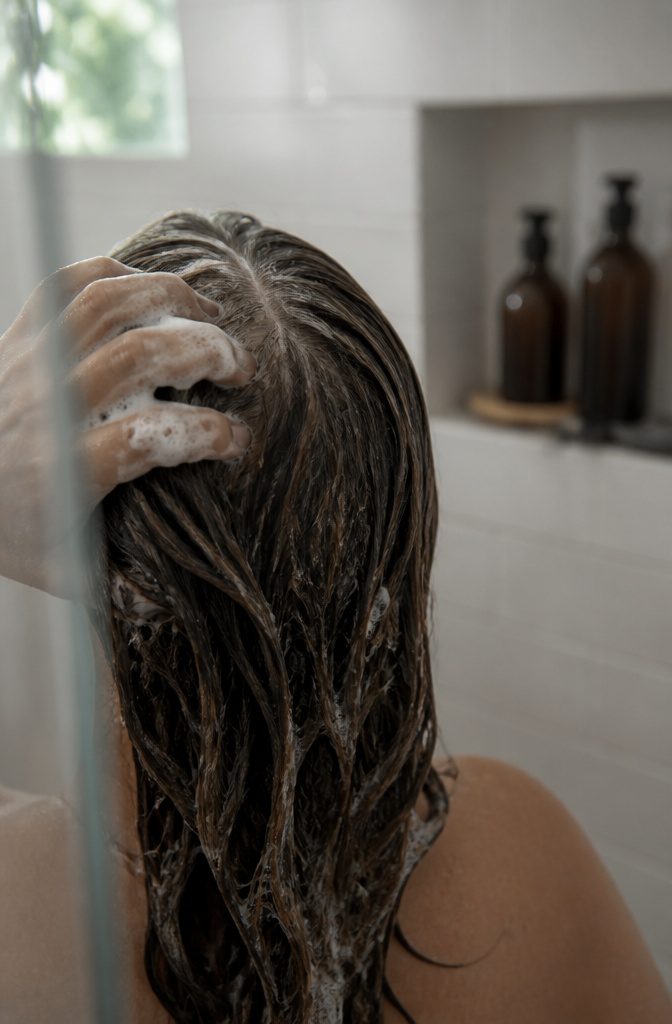 Brown color shampoo and conditioner beside hair with subtle pigment