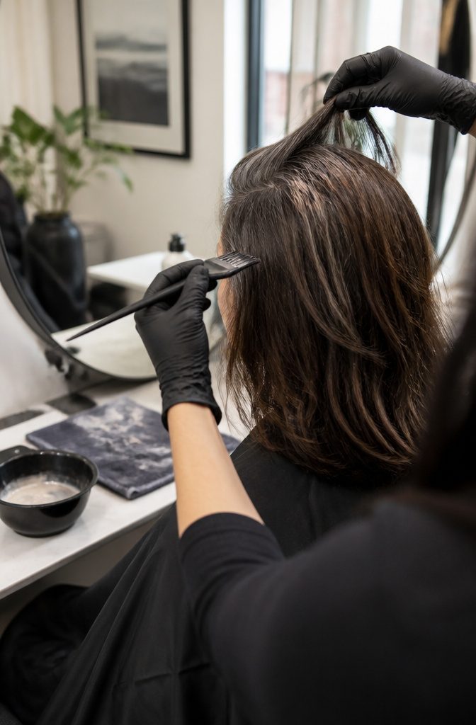 Client in profile with gloved hands lifting hair near the crown