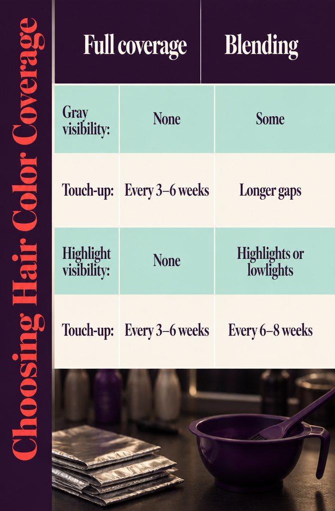 Hair color coverage guide comparing full coverage and blended gray