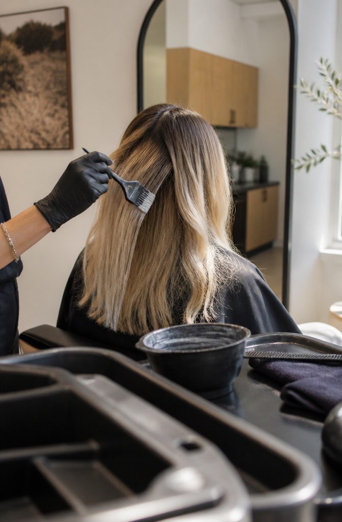 Stylist applying clear gloss to mid-length hair near dark roots