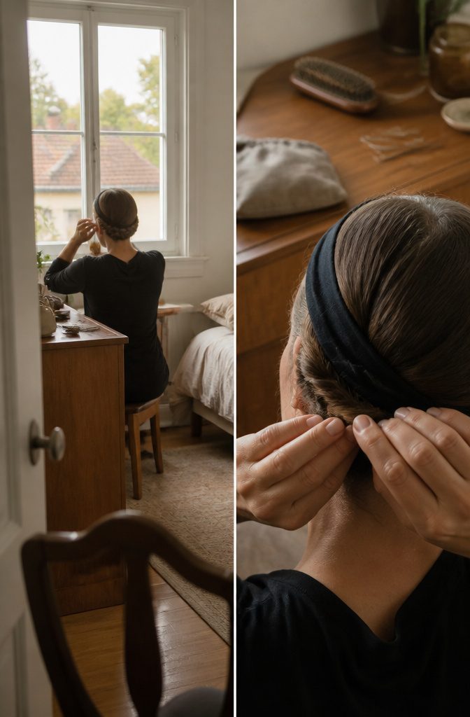 Side part braid and wide headband covering visible gray roots
