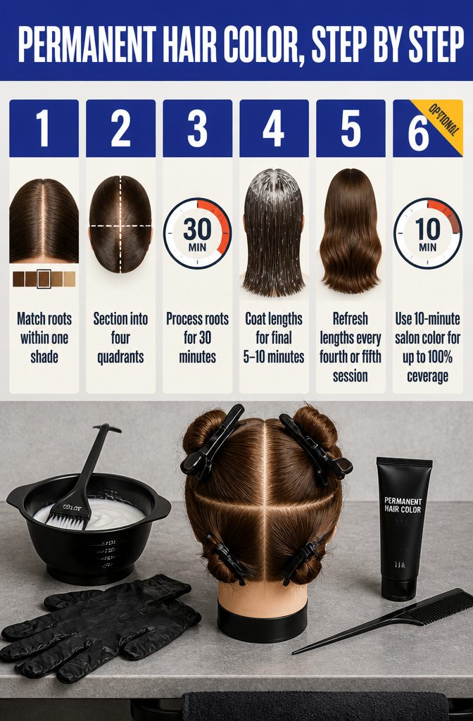 Hair color steps with divided sections roots and a tint brush