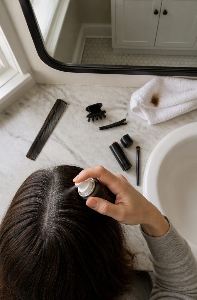 Root sprays touch-up sticks brushes and hair mascara for gray coverage