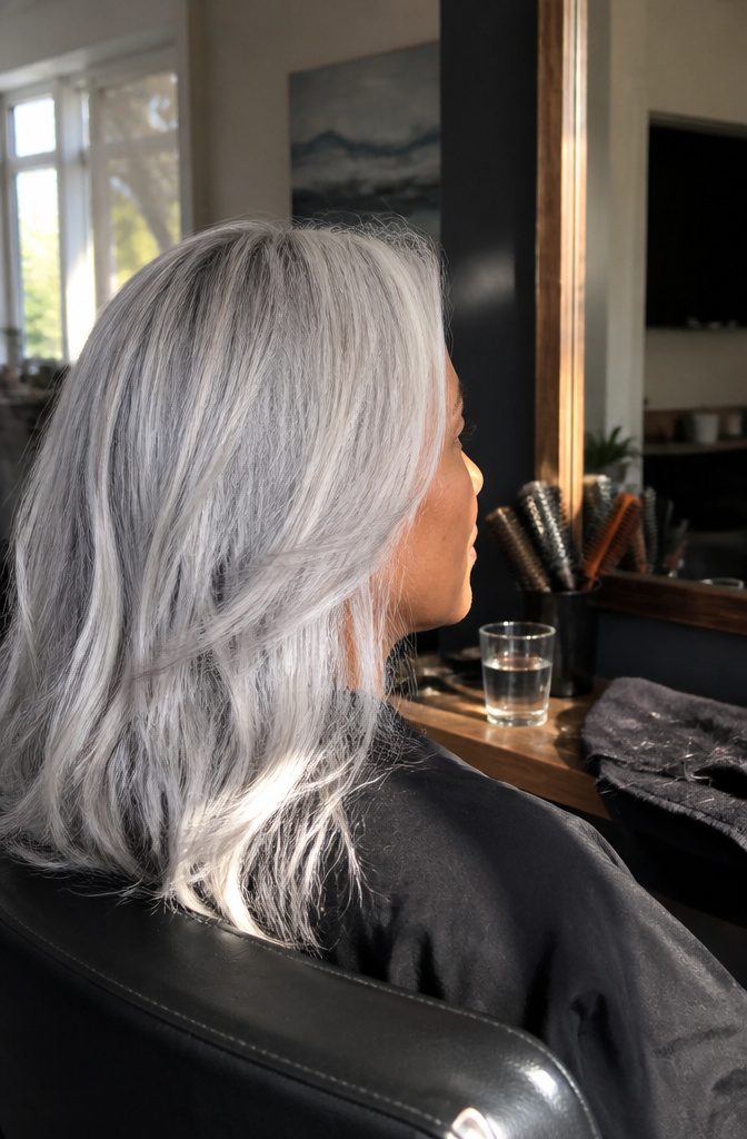 Person with dark complexion and pale silver hair facing a salon mirror