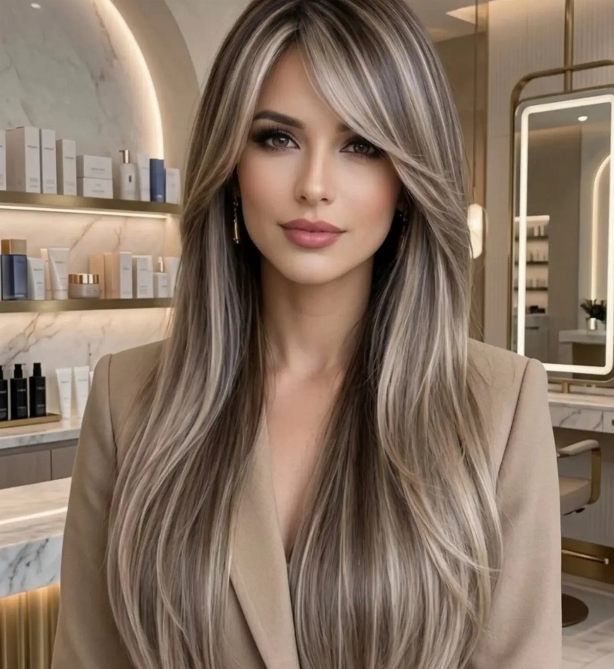 Long ash-blonde hair with darker roots and blended lighter lengths