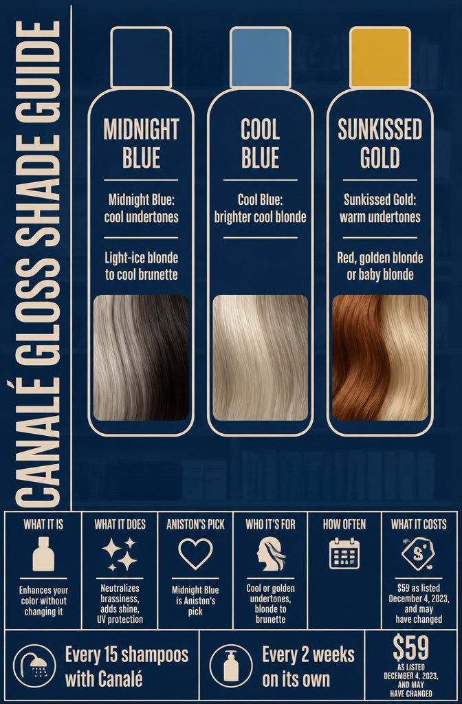 Beauty shade guide graphic with Canalé gloss names and matching hair colors
