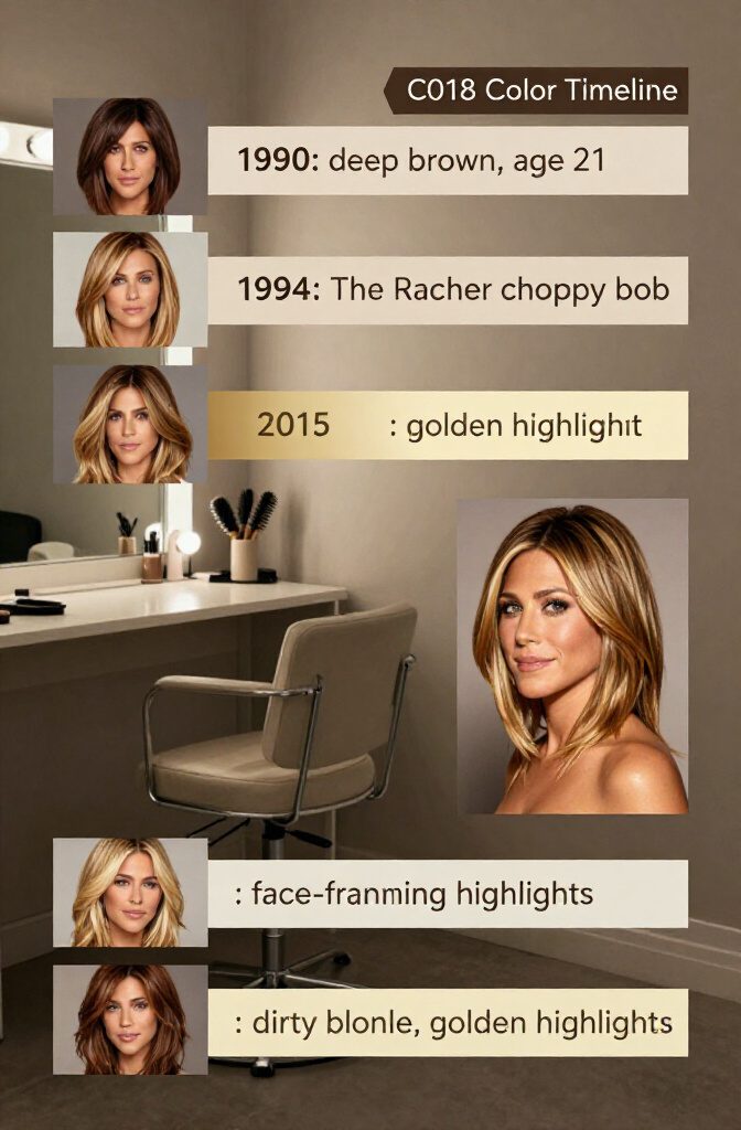 Beauty timeline graphic listing Jennifer Aniston hair colors across the years