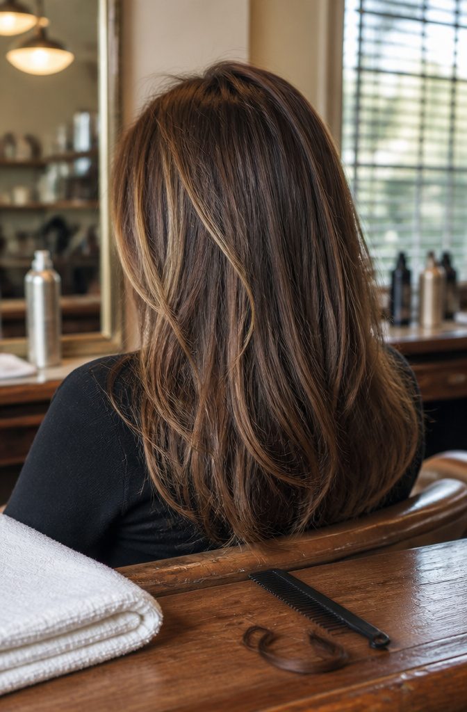 Jennifer Aniston with highlighted hair and dark brown roots