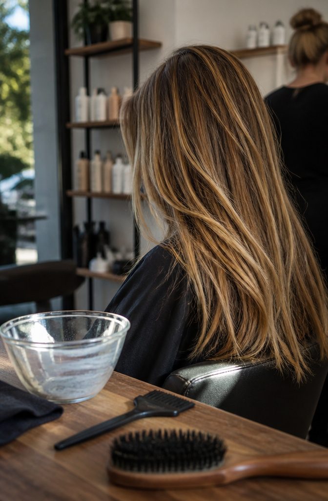 Jennifer Aniston with golden blonde highlights, a light brown base and dark roots