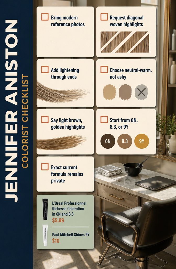Beauty checklist graphic with colorist notes about Jennifer Aniston’s hair color