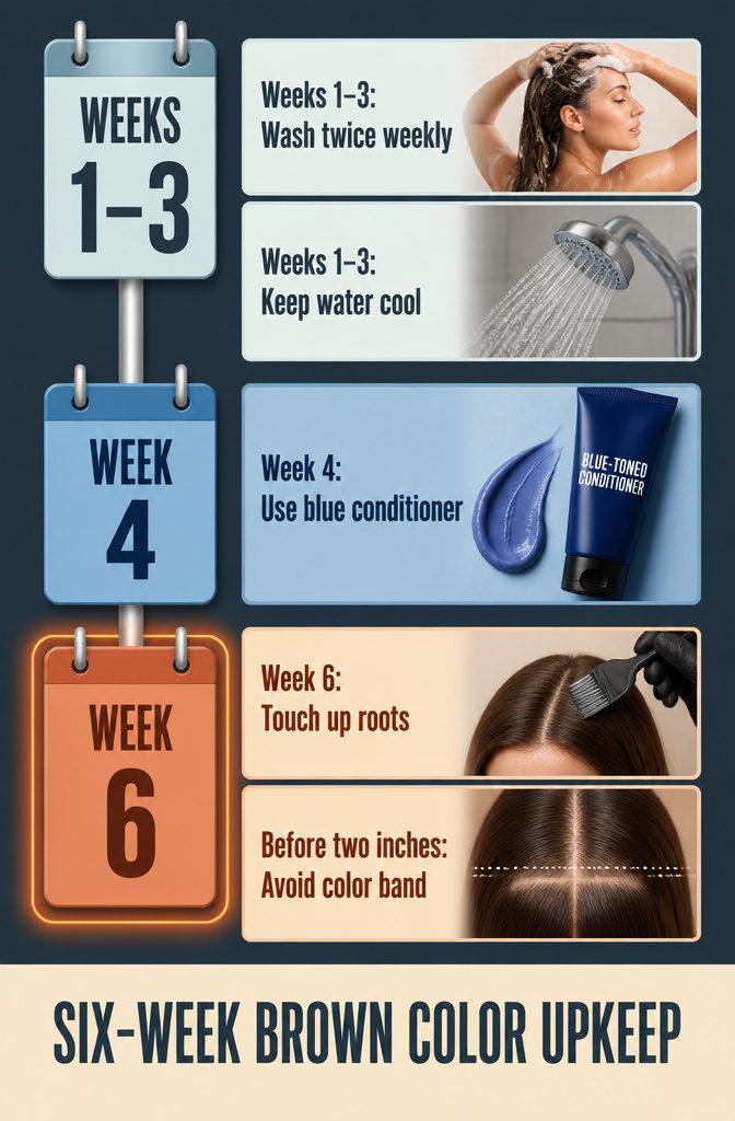 Six-week brown hair color upkeep calendar with wash and root touch-up reminders