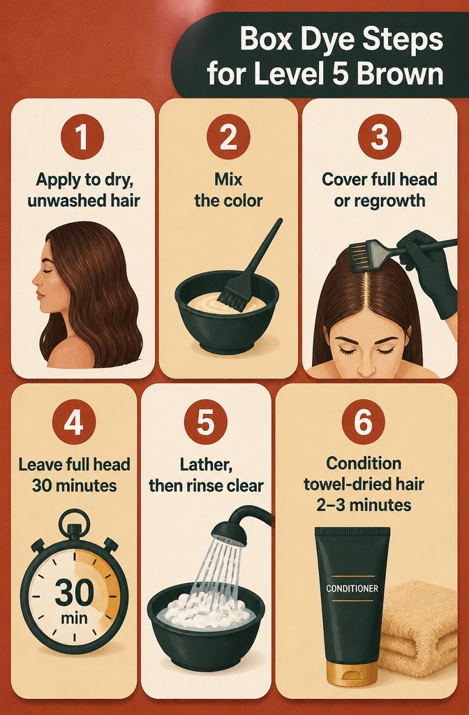 Box dye, gloves, conditioner, and numbered application steps for brown hair