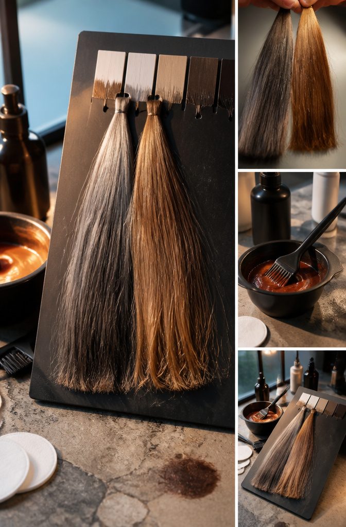 Level 5 brown swatches beside gray strands and previously lightened hair samples
